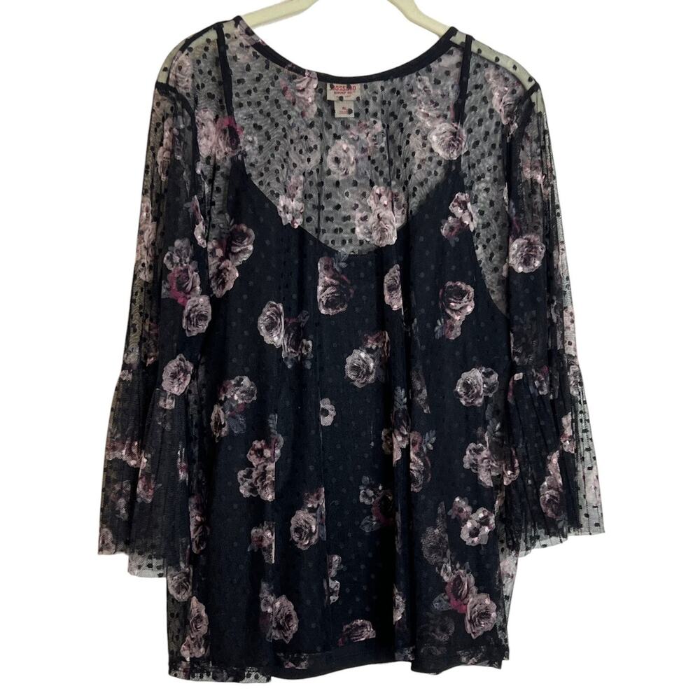 Womens Whimsigoth Dark Floral Mesh Blouse XL Black Sheer Overlay Fairy Grunge